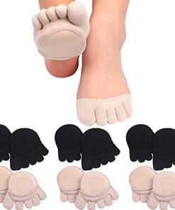 SATINIOR 6 Pairs Toe Topper Socks No Show Liner Socks Five Finger Half Socks Non-Slip Invisible Toe Separated Socks for High Heels Flat Boots (Black and Light Khaki) 6-9.5