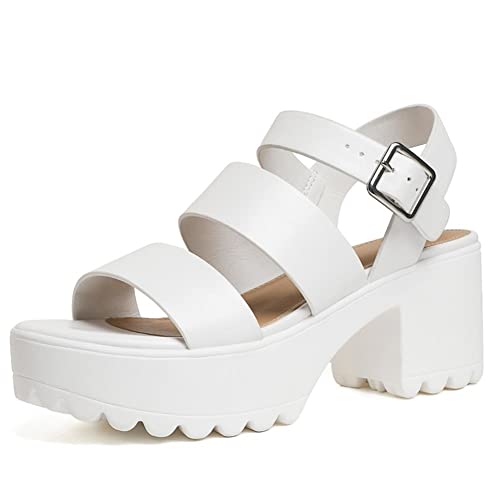 GOUPSKY Womens Platform Sandals Chunky Block Heeled Sandal Lug Sole Open Toe Ankle Strap Shoes White 7