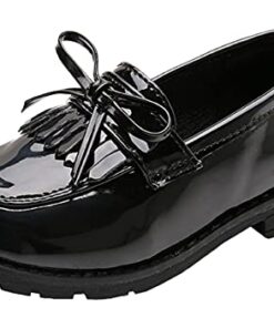 WUIWUIYU Girls Patent Leather Slip-On Penny Loafers Flats Bow Tassel Oxfords Moccasins Dress Shoes Black Size 2.5
