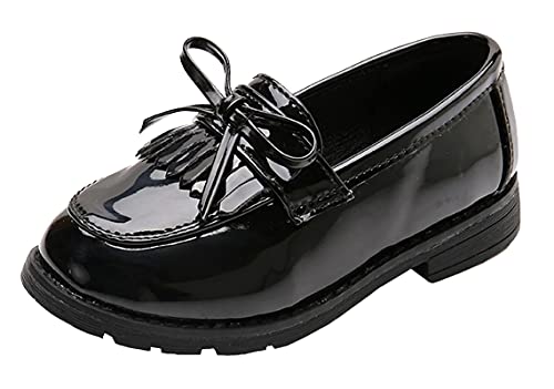 WUIWUIYU Girls Patent Leather Slip-On Penny Loafers Flats Bow Tassel Oxfords Moccasins Dress Shoes Black Size 2.5