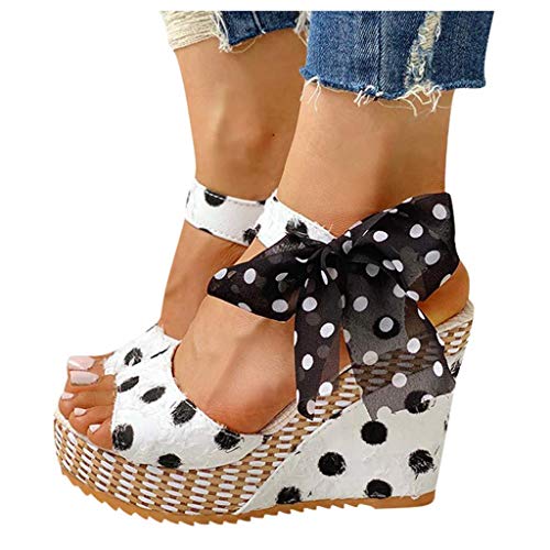 ZBYY Womens Wedge Sandals Open Toe Tie Lace Up Espadrille Platform Ankle Wrap Summer Dot Sandals Slingback Dress Shoes