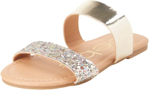 bebe Girls’ Sandals – Patent Leatherette Glitter Strappy Sandals (Toddler/Girl), Size 9 Toddler, Gold Multi