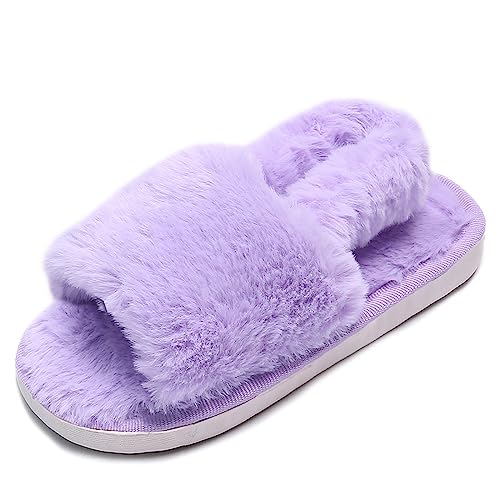 LightFun Fuzzy Fluffy Furry girls kids slippers cloud Fur Open Toe Slippers for kid House Home Indoor Outdoor(Pur,12)