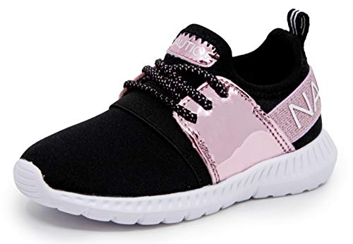Nautica Missy Youth Girls Athletic Fashion Cross Trainer Lace Up Running Sneakers-Kappil Metallic-Pink Metallic Black Size-3