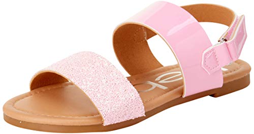 bebe Girls? Sandal ? Two Strapped Patent Leatherette Glitter Sandals (Toddler/Little Kid), Size 13 Little Kid, Pink