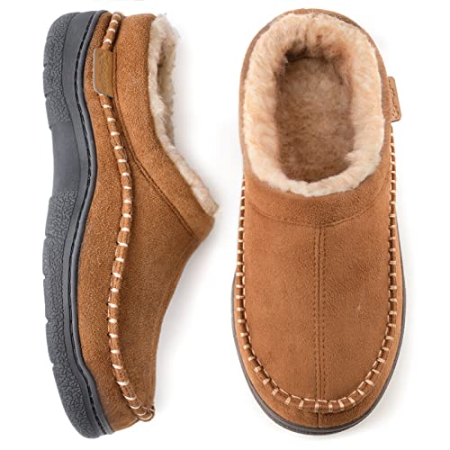 Zigzagger Men’s Slip On Moccasin Slippers, Indoor/Outdoor Warm Fuzzy Comfy House Shoes, Fluffy Wide Loafer Slippers,Tan,9-10 D(M) US