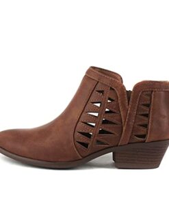 SODA Women’s Perforated Cut Out Stacked Block Heel Ankle Booties (8 M US, Cognac Pu)