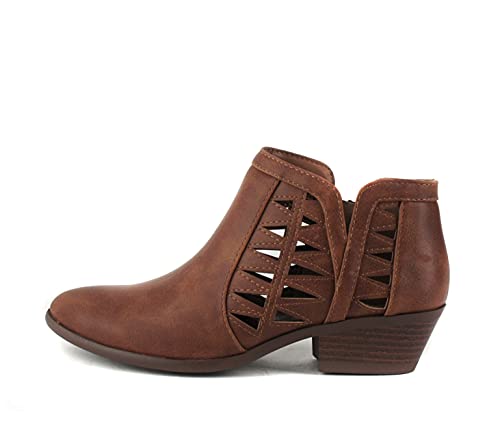 SODA Women’s Perforated Cut Out Stacked Block Heel Ankle Booties (8 M US, Cognac Pu)