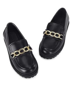 Coutgo Girls Slip On Penny Loafers Platform School Uniform Flats Round Toe Chunky Heel Dress Shoes Black