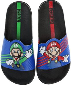 SUPER MARIO Boys’ Sport Slide Sandal, Mario & Luigi Mismatch Sandals, Black/Blue, Size 12/13