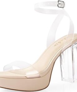 Ankis Platform Heels for Women 4 Inches Chunky Heels Sandals for Women Comfy Open Toe Block Heeled Sandals Nude White Silver Gold Black Ankle Strappy Heels for Women,Clear,Size 9