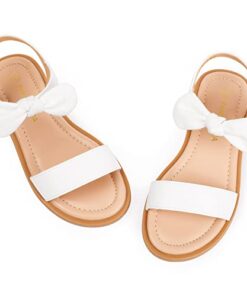 PANDANINJIA Ella White Girls Sandals Cute Bow Open Toe Summer Flats Dress Sandals Shoes Toddler/Little Kid/Big Kid (White Pu, 3 M US Little Kid)