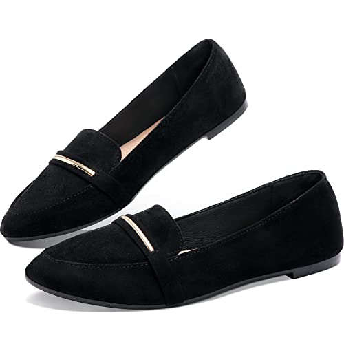 Women’s Pointy Toe Loafer Flat Comfortable Faux Suede Work Shoes,Cute Penny Loafer Slip On Ballet Flat(Black US9)