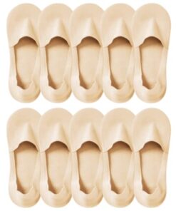 Lomitract Nude Beige No Show Socks Womens: Footies No See Sock for Flats Non Slip, Thin Boat Sox for Loafer, Low Cut Liner, Invisible Hidden, 5 Pairs, Size 9-12
