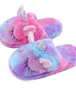 KAKU NANU Kids Slippers Fluffy Slippers Warm Rainbow Slippers Memory Foam Home Slides for Girls Boys(13.5-14 little kid)