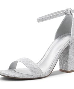 PARTY Women’s Chunky Heels Open Toe Ankle Strap 3 inch Heeled Sandals,Carrie-Silver Glitter-8.5