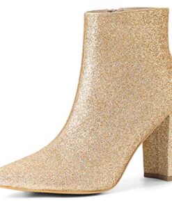 Allegra K Women’s Glitter Pointed Toe Chunky Heel Gold Ankle Boots 8 M US