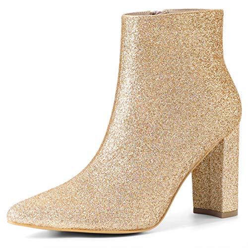 Allegra K Women’s Glitter Pointed Toe Chunky Heel Gold Ankle Boots 8 M US
