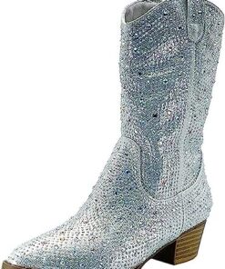 Forever Girls/Kids Rhinestone Western Cowgirl Cowboy Pointed Toe Low Heel Boots River-11K Silver 12