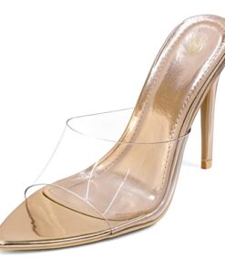 mysoft Women’s Pointed Toe Clear Stilettos Transparent Strap Slip On High Heeled Mules