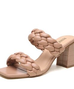 Rihero Women’s Braided Heeled Sandals Strappy Square Toe Slip On Chunky Nude Heels Size 7.5