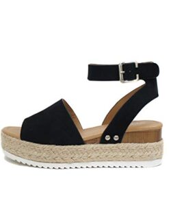 Soda Topic Open Toe Buckle Ankle Strap Espadrilles Flatform Wedge Casual Sandal (8.5, BLACK)