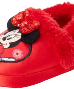 Disney Girls’ Minnie Mouse Slippers – Plush Fuzzy Slippers, Non-Skid Sole (Toddler/Little Girl/Big Girl), Size 11-12, Girls’ Minnie Mouse Red