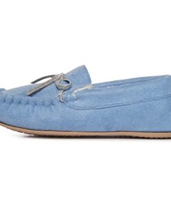 Lucky Brand Girls Plush Glitter Bow Moccasin Slippers, Rubber Sole Indoor Outdoor House Shoes, Kids Bedroom Slipper Moccasins, Denim, Size 2-3