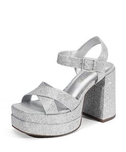 DREAM PAIRS Women’s Platform Chunky Heels Square Open Toe Ankle Strap High Heeled Sandals Y2K Shoes for Party Brunch SDHS2330W Silver-Glitter Size7.5