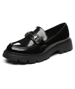 Vera Creation Women’s Chunky Platform Loafers with Chain or Buckle Patent Leather Casual Business Work Shoes Comfort Slip-on (Black+Black Buckle 9.5)
