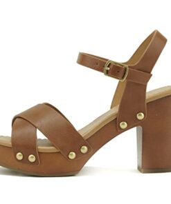 Soda MIGUEL ~ Women Crisscross Band Fashion Chunky Platform Block Mid Heel Sandal with Ankle Strap and Stud (9, TAN PU, numeric_9)