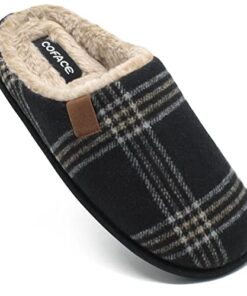 COFACE Mens Black Flano Plaid Cozy Memory Foam Scuff Slippers Slip On Warm House Shoes Indoor/Outdoor with Best Arch Surpport Size 11