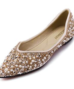 Women’s Rhinestone Flats Fashion Pointed Toe Pearl Diamond Low Heel Dress Wedding Flats Work Business Dance Ballet Flats Gold Size – 10.5-11