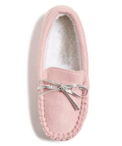 Lucky Brand Girls Plush Glitter Bow Moccasin Slippers, Rubber Sole Indoor Outdoor House Shoes, Kids Bedroom Slipper Moccasins, Pink, Size 2-3
