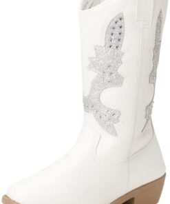 KENSIE GIRL Boots – Girls’ Western Cowboy Boots (Toddler/Girl), Size 2 Little Kid, White