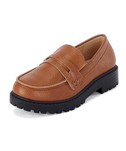 Coutgo Girls Slip On Penny Loafers Comfort Round Toe Platform School Uniform Dress Shoes Brown
