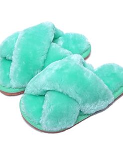 Fadezar Girls Fluffy Slippers for Kids Cute Fuzzy Slippers Open Toe Warm Fur Slides Cross Band Plush Slip on House Indoor Slippers Green Narrow US 2-3 Big Kid