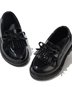 KIDSUN Girl’s Oxford School Uniform Dress Shoe Princess Flats Bow Slip on Loafer (Toddler/Little Kid) D/Black