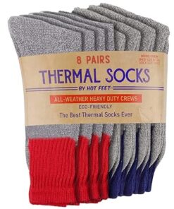 HOT FEET Winter Socks for Men 8 Pairs, Cold Weather Cozy Long Crew Socks, Cotton Blend Thermal Socks Size 6–12.5, GRAY/RED/NAVY