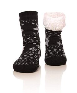 FRALOSHA Fuzzy Warm Slipper Socks Women Winter floor Socks Super Soft lined with Grippers reading Socks Cozy Sleeping Reindeer Socks (Black)