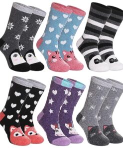 SDBING 6 Pairs Kids Wool Hiking Socks Toddler Boys Girls Winter Warm Cozy Thick Thermal Boot Socks (8-12 Years, Cute Animal)