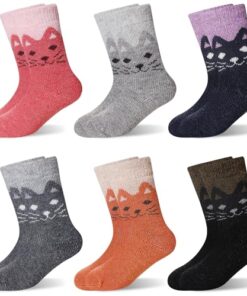 Eocom 6 Pairs Children’s Winter Warm Wool Socks Kids Toddlers Boys Girls Thermal Thick Boot Cozy Crew Socks (4-7 Years, Cat)