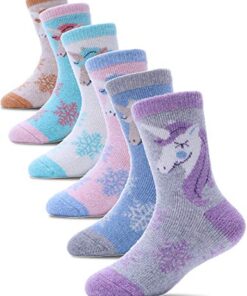 ProEtrade Wool Socks for Kids Toddlers Boys Girls Thick Warm Winter Hiking Heavy Thermal Cozy Crew Boot Unicorn Gift Stocking Stuffers Socks 6 Pack (Unicorn,4-7 Y)