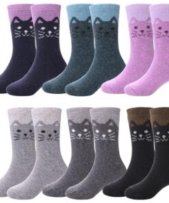 LANLEO Kids Wool Socks For Toddlers Boys Girls Hiking Winter Warm Cozy Thick Heavy Thermal Crew Boot Socks 6 Pairs Cat,4-7 Year Old