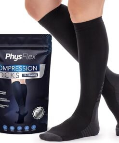 PhysFlex Compression Socks for Women and Men – Best Support for Running, Flying, Pregnancy – Graduated Compression Stockings (Medium, Black)