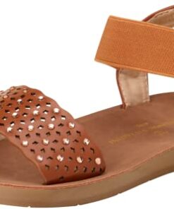ADRIENNE VITTADINI Girls’ Sandals – Strappy Studded Sandals with Elastic Ankle Strap (Toddler/Little Kid), Size 1 Little Kid, Tan