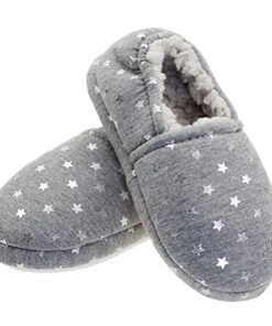 LA PLAGE Girls Soft House Slippers Fur lining Memory Foam Rubber Sole Cute Bedroom Shoes with Beautiful Star Kids Size 12 M US Grey Star