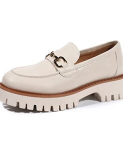 MACNMEUU Platform Loafers for Women Chunky Heel Lug Sole Loafers Slip ons Round Toe Beige,Size 8.5