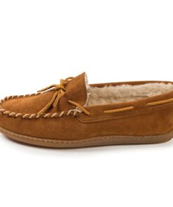 Minnetonka Mens Pile Lined Moccasin Slipper with Hard Soles Brown, 10.5