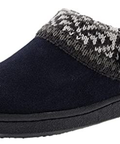 Clarks Womens Suede Leather Comfort Clog Knitted Collar Slipper – Plush Faux Fur Trim – Indoor Outdoor House Slippers For Women (Fairisle Navy 8M)